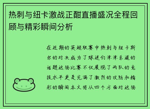 热刺与纽卡激战正酣直播盛况全程回顾与精彩瞬间分析